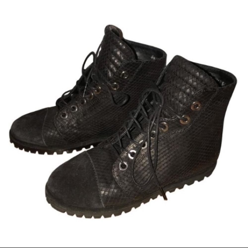 Stuart Weitzman Black Snakeskin Combat Boots 5.5